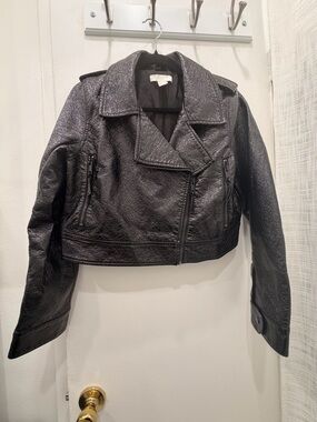 H&M Black Faux Leather Cropped Moto Jacket